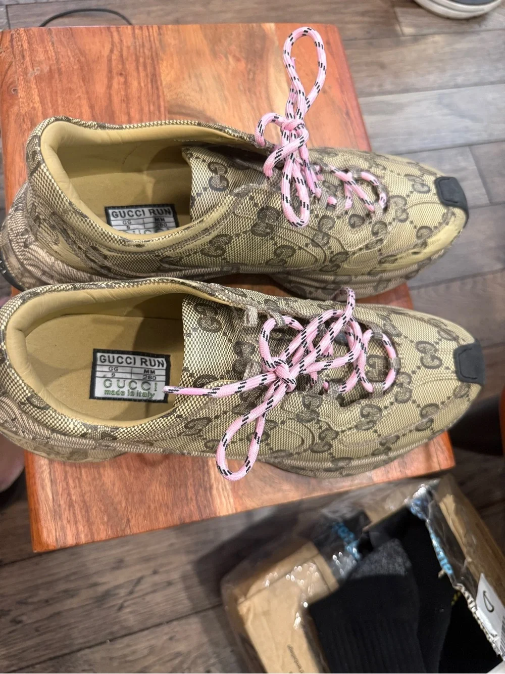 Gucci Beige Monogram Sneakers with Pink Laces